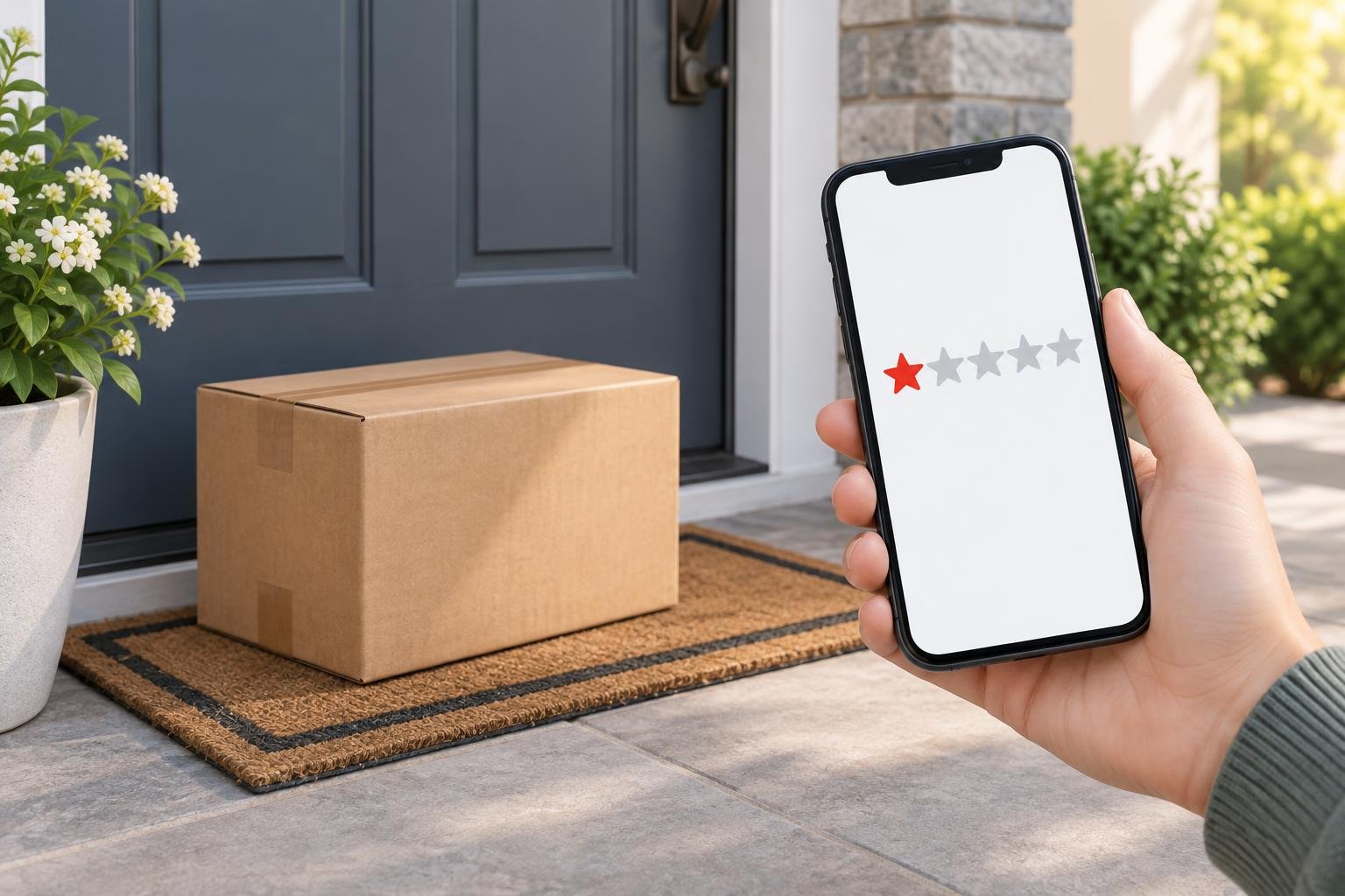 Pacote de entrega na porta de casa ao lado de um celular com avaliação de uma estrela