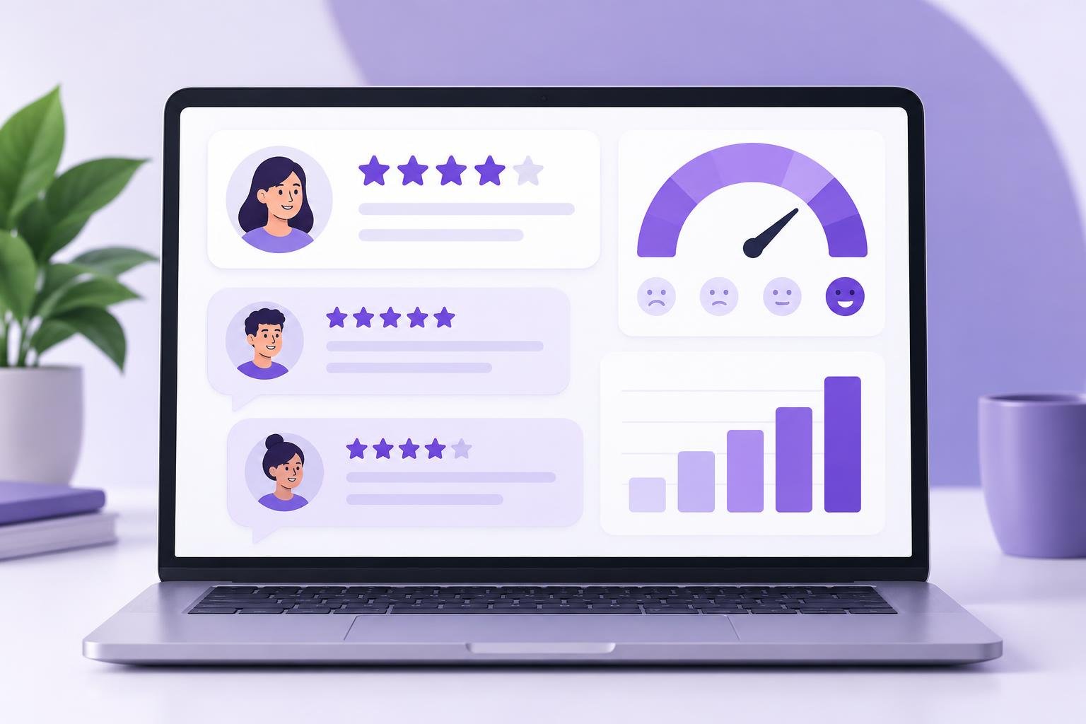 Painel de uma ferramenta de feedback de clientes com notas, comentários e gráficos de satisfação