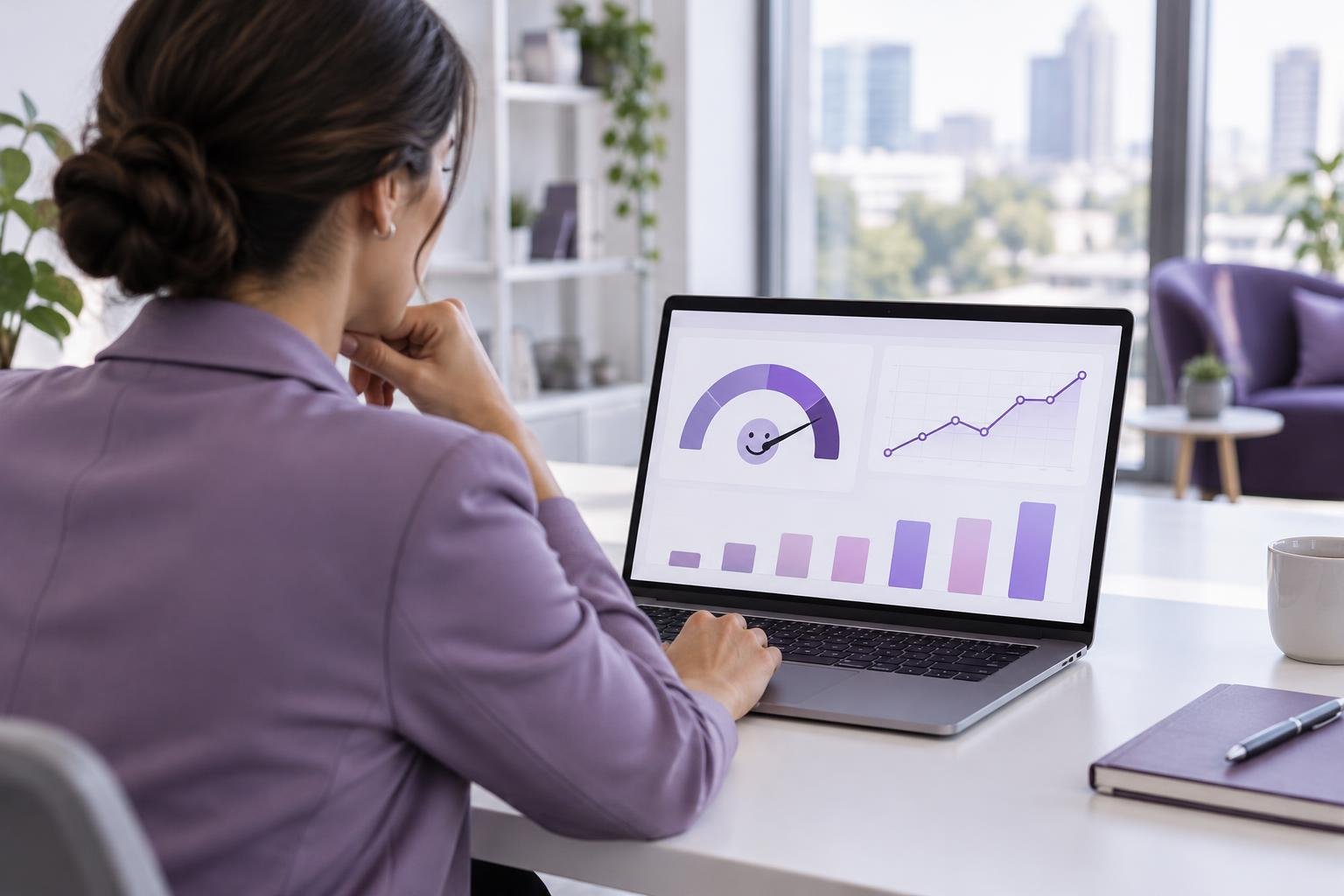 Gestor acompanhando o NPS da empresa em um painel com notas de clientes na tela do notebook