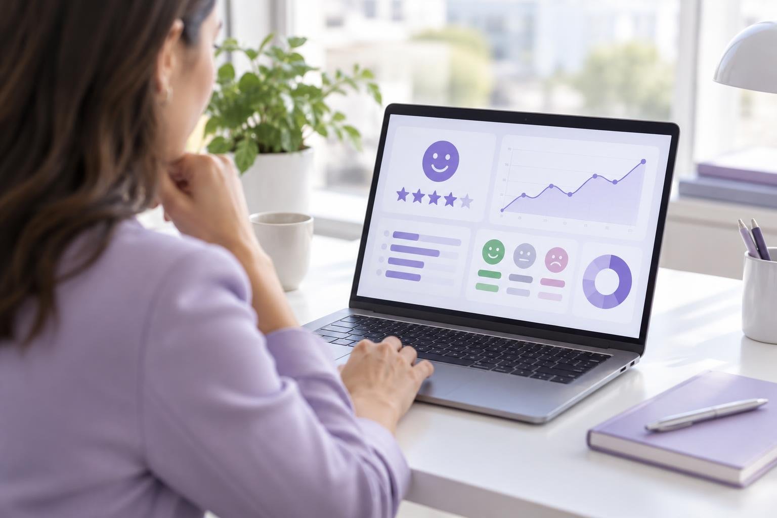 Gestor analisando respostas de pesquisa de satisfação de clientes em um painel online no notebook