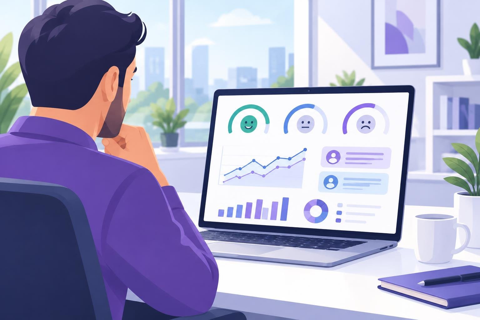 Painel de software de experiência do cliente com indicadores de satisfação e comentários de clientes