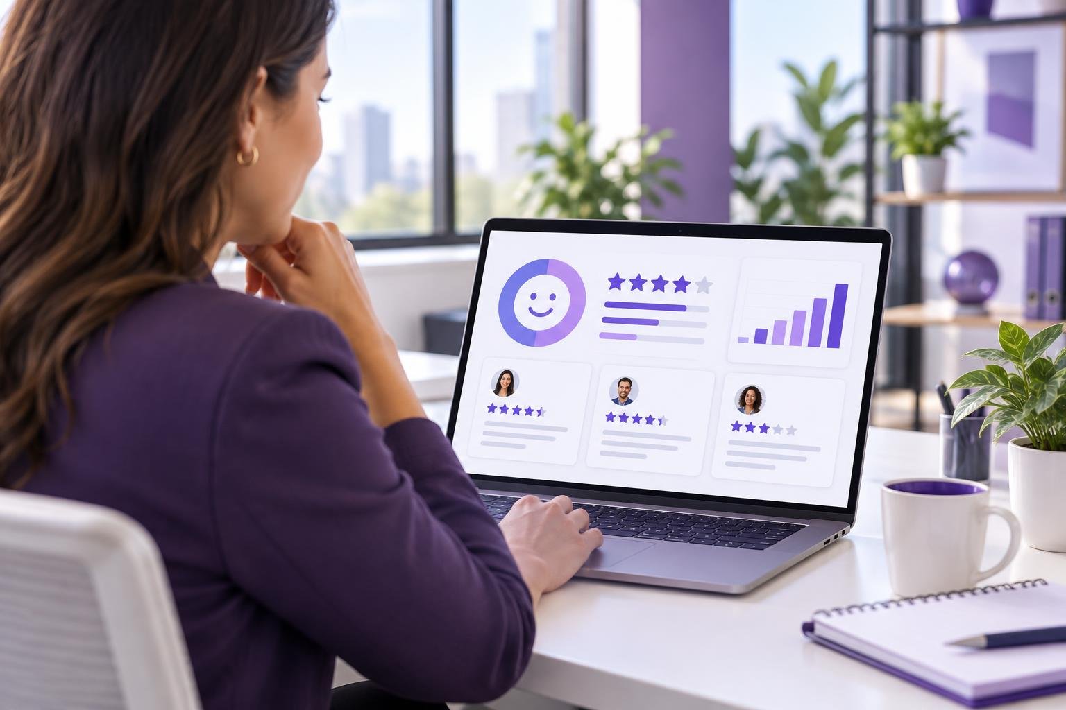 Gestor comparando opções de software de pesquisa de satisfação em um painel com notas e comentários de clientes